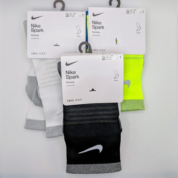 Nike 3 pk Dri-Fit Spark Cushioned Ankle Running Socks - W (7.5-9) M (5-7.5) - Picture 1 of 13